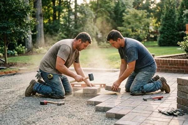 Construction crew installing paver patio