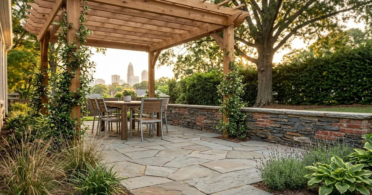 Custom cedar pergola over patio with outdoor dining in Charlotte NC