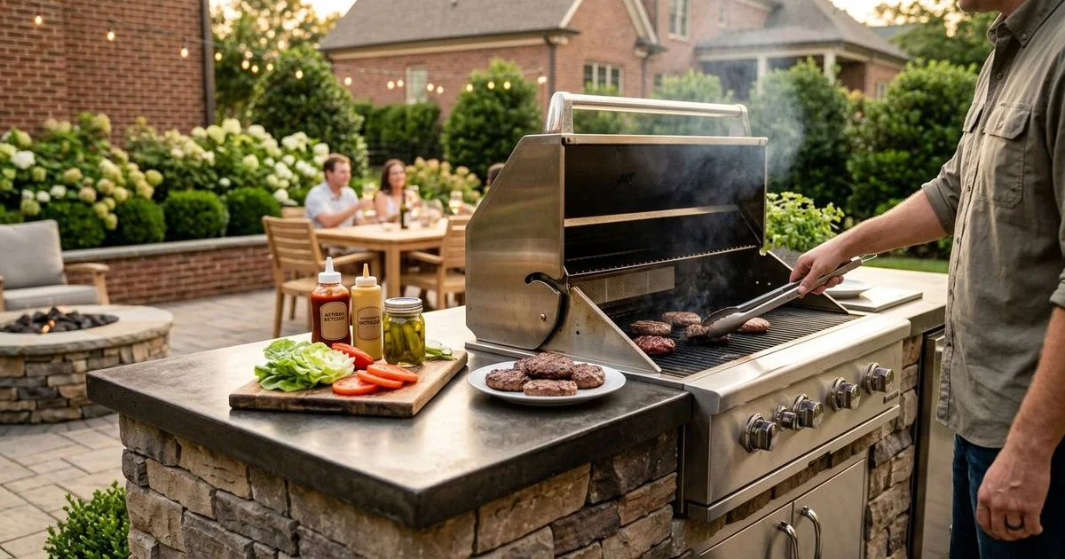 Luxury outdoor kitchen with stone countertops and built-in grill in Charlotte NC