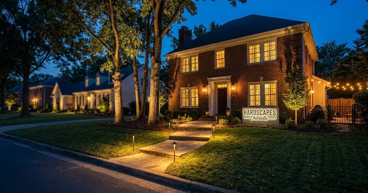 Professionally lit Charlotte NC home and landscape at dusk with warm lighting