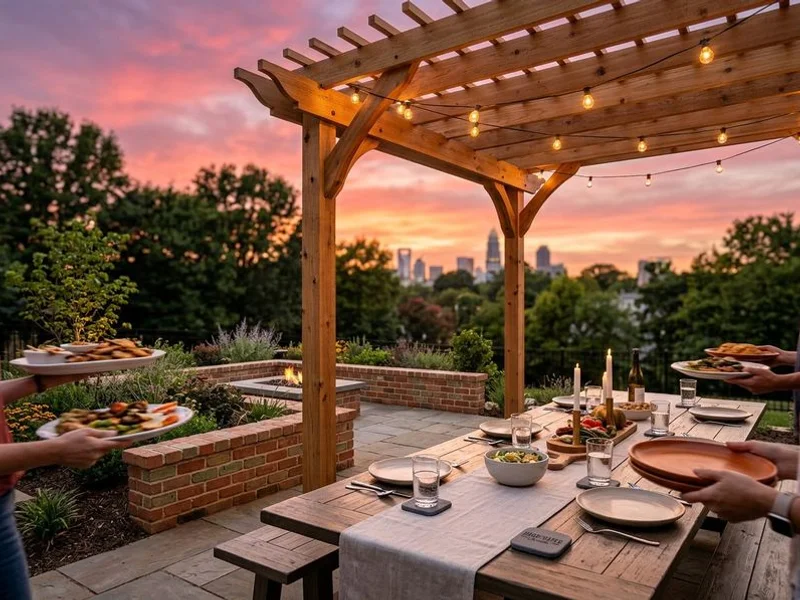Cedar pergola over outdoor dining area in Charlotte