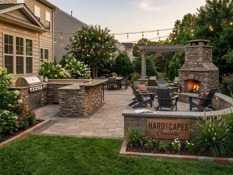 Completed luxury outdoor living space with patio pool and kitchen
