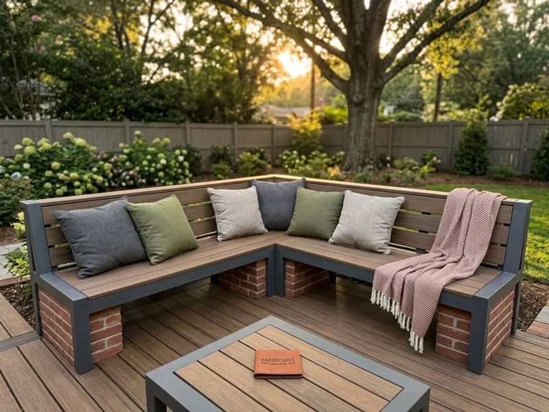 Custom deck with built-in seating and integrated planters