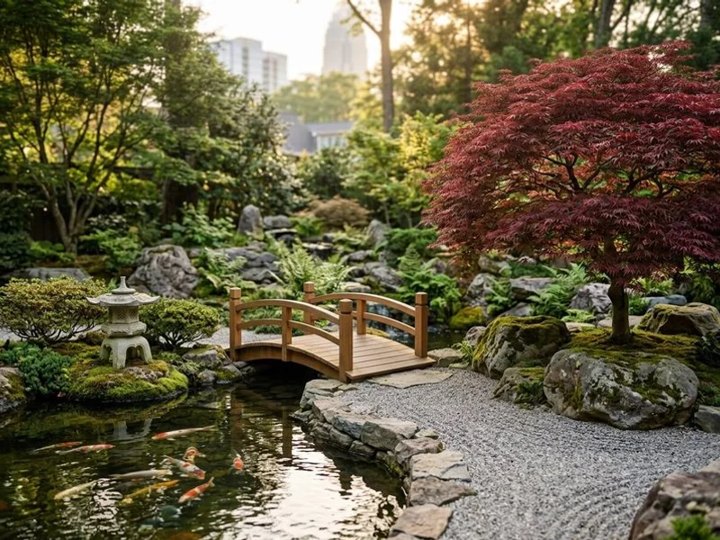 Japanese-inspired koi pond with bridge and lantern in Charlotte