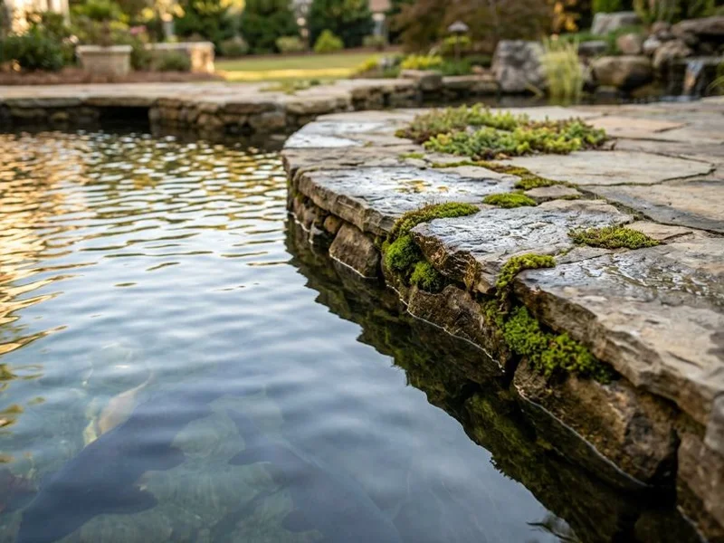 Koi pond with natural stone edges and colorful koi fish