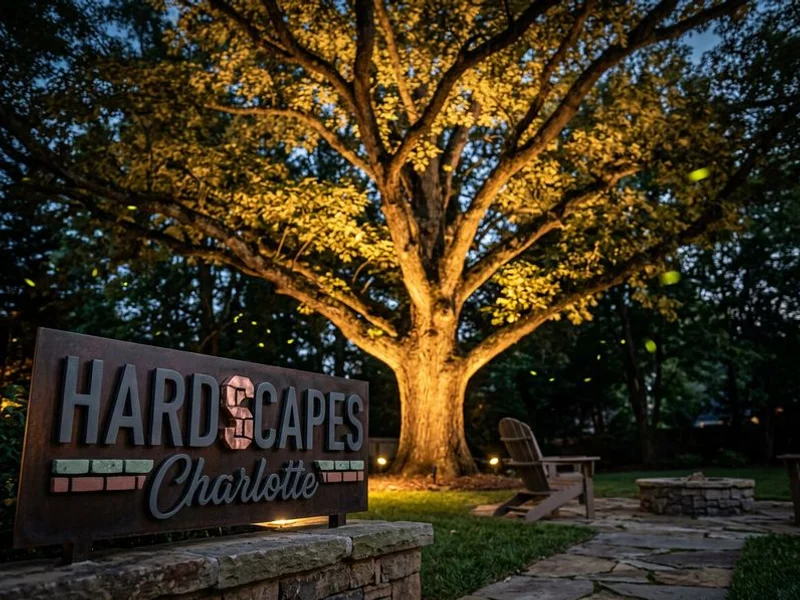 Dramatic uplighting on mature trees in Charlotte landscape