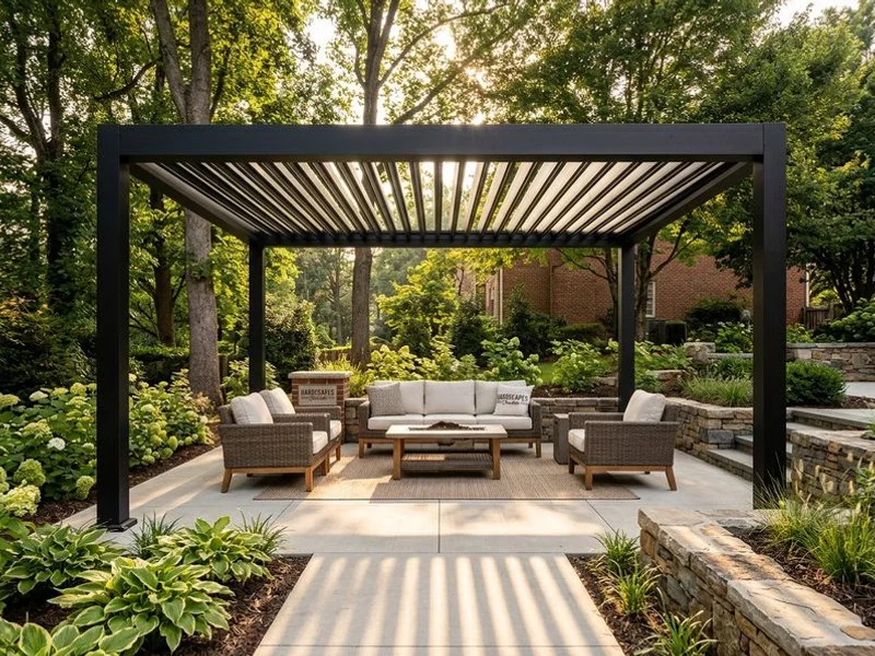 Modern aluminum pergola with motorized louvered roof