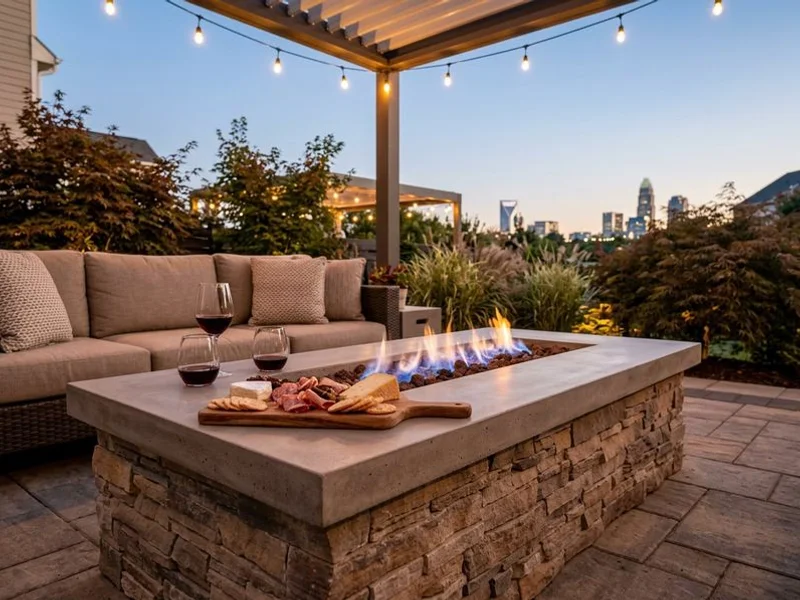 Modern linear gas fire table on Charlotte patio