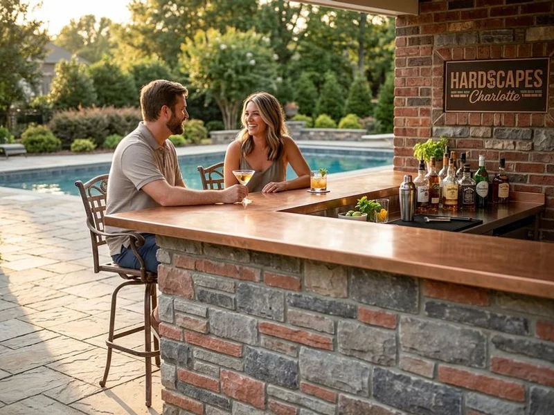 Outdoor kitchen with bar seating and pendant lighting
