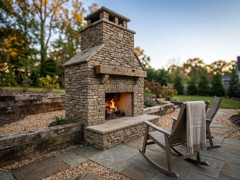 Outdoor stone fireplace with mantel in Charlotte backyard