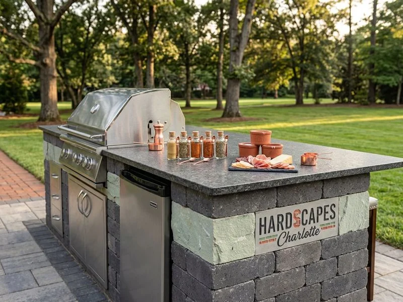 Outdoor kitchen with granite countertops and stainless appliances