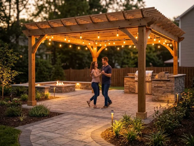 Pergola with string lights creating evening ambiance in Charlotte
