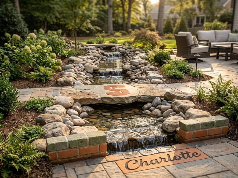 Pondless waterfall with meandering stream in Charlotte landscape