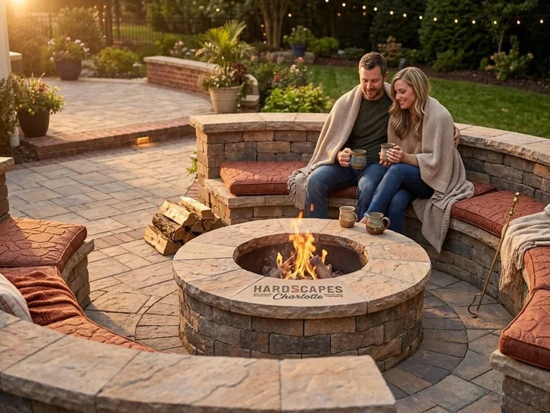 Natural stone fire pit with curved seating wall in Charlotte