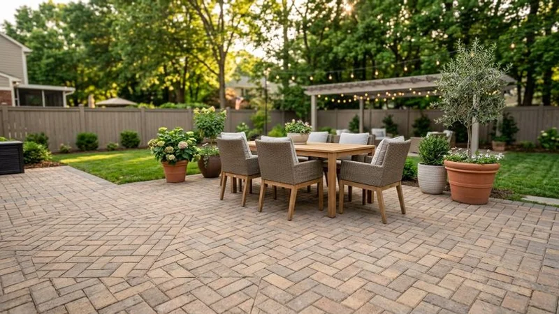 Completed paver patio with outdoor furniture and landscaping in a Charlotte residential backyard