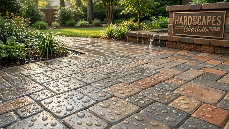 Completed paver patio with proper drainage showing dry surface after rain in a Charlotte backyard with lush landscaping