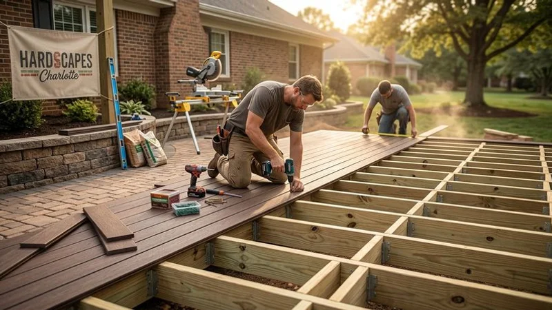 New composite deck construction in progress with framing and decking boards being installed on a Charlotte home