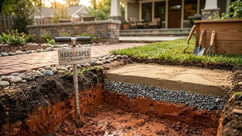 Cross-section view showing layers of red clay soil and proper drainage gravel base preparation for a Charlotte patio installation