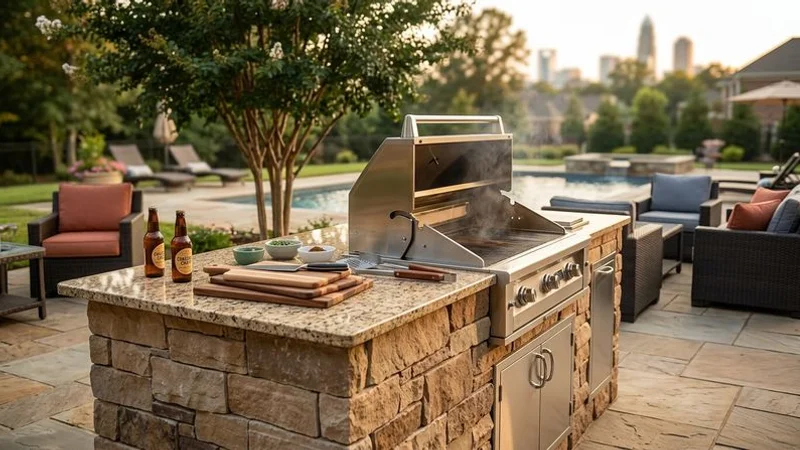 Custom outdoor kitchen with granite countertops built-in grill and stone veneer base under pergola in Charlotte backyard