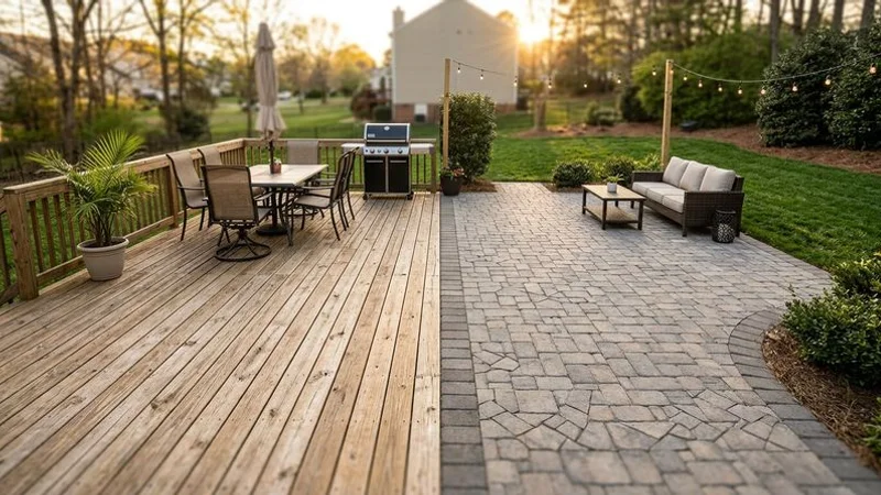 Split view showing a wooden deck on the left and paver patio on the right both in Charlotte residential settings