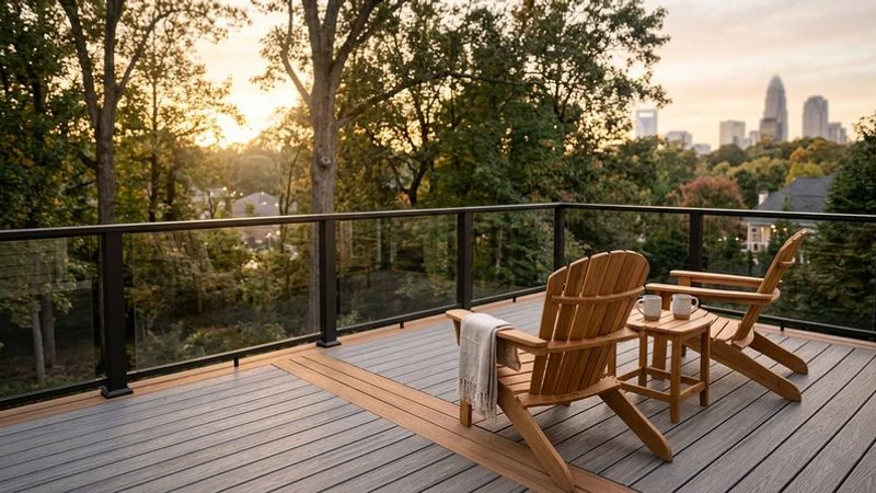Elevated composite deck with panoramic view of wooded Charlotte backyard at sunset with string lights and comfortable seating