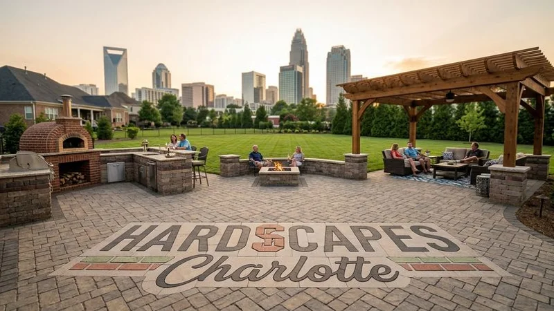Expansive outdoor living space with paver patio, outdoor kitchen, fire pit, and pergola in a Charlotte backyard at sunset
