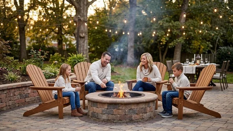 Family enjoying an evening on their outdoor patio with a fire pit and string lights in a Charlotte backyard setting
