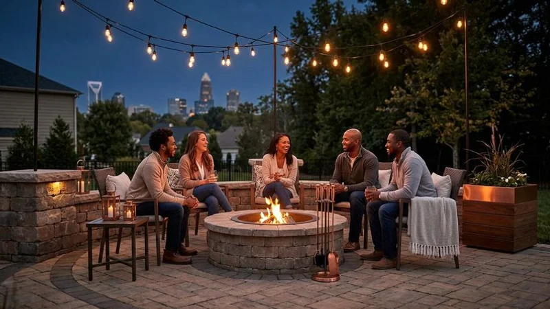 Elegant fire pit area with string lights overhead and comfortable outdoor seating arranged for conversation on a Charlotte patio