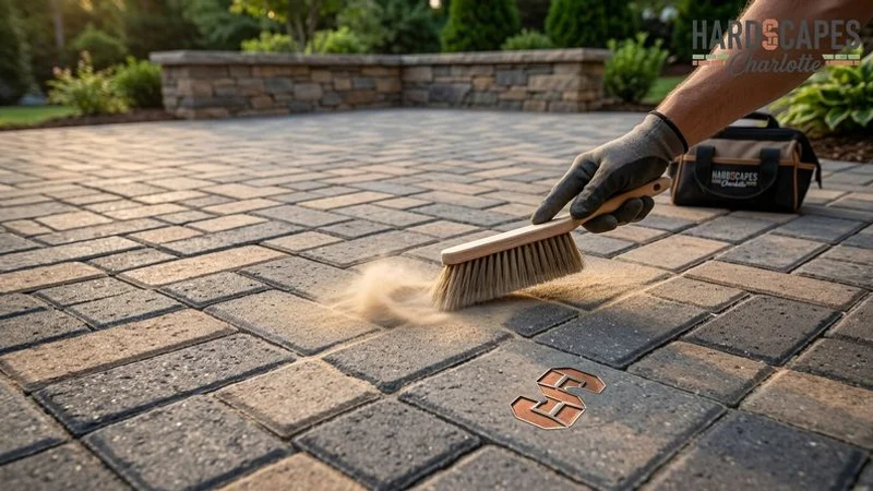 Close up detail of interlocking paver patio showing joint sand and precise installation craftsmanship