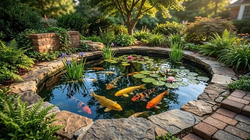 Beautiful koi pond with natural stone edging, aquatic plants, and colorful koi fish in a Charlotte residential backyard
