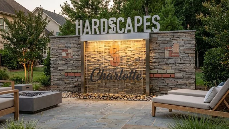 Modern rain curtain water wall feature with LED lighting mounted on a contemporary stone wall in an upscale Charlotte patio