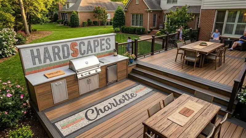 Aerial view of a multi-level composite deck with outdoor kitchen and dining area connected to Charlotte home