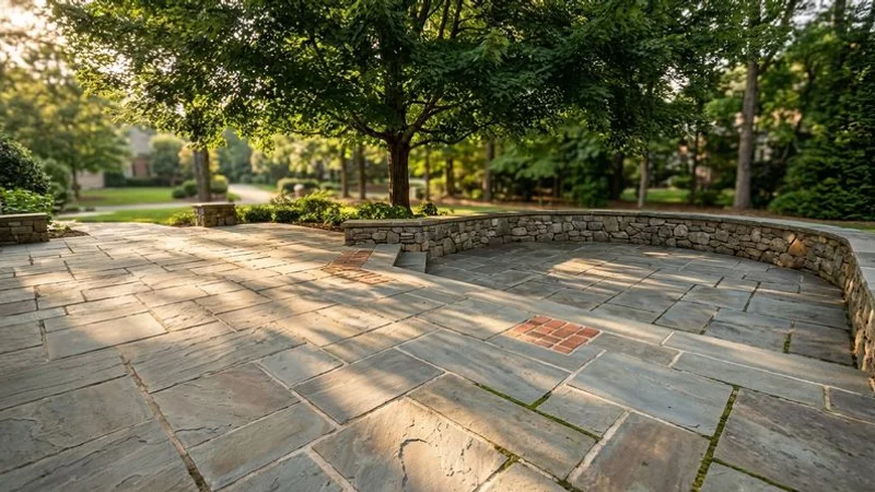 Elegant natural stone patio installation with mixed bluestone and fieldstone creating organic pattern in North Carolina backyard