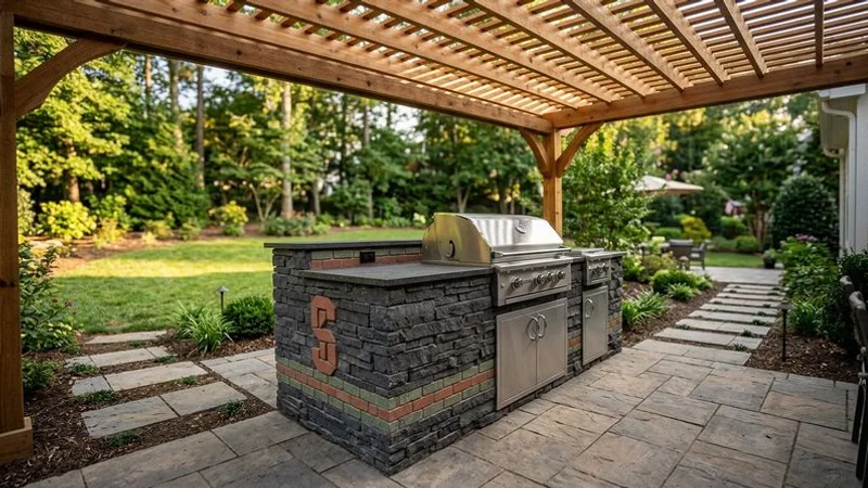 Outdoor kitchen with stone base and stainless steel grill on a paver patio with covered pergola in Charlotte backyard