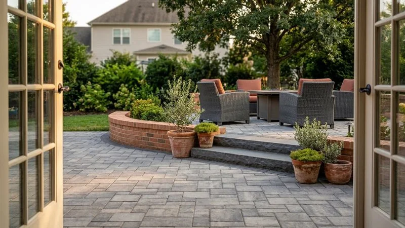 Beautiful outdoor living space with paver patio and mature landscaping that adds curb appeal and value to a Charlotte home