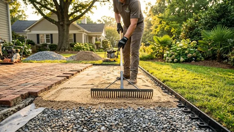 Paver patio installation in progress showing base preparation and material layout in a Charlotte backyard