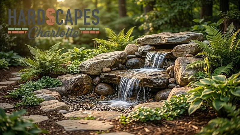 Pondless waterfall with large natural boulders and lush plantings of hostas and ferns creating a tranquil garden retreat