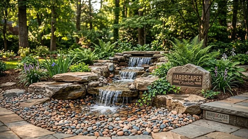 Pondless waterfall with water cascading over layered natural boulders into a hidden gravel basin surrounded by lush plantings