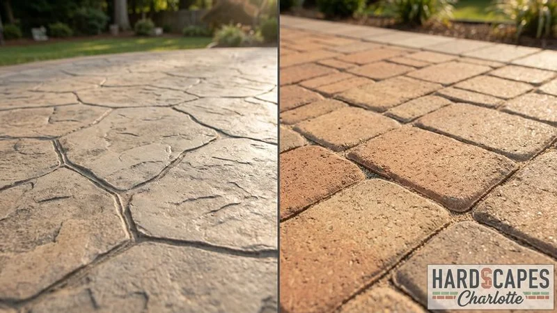 Side by side comparison of stamped concrete patio and paver patio showing texture and color differences in Charlotte backyard