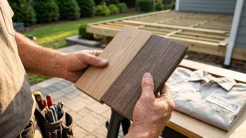 Close up comparison of TimberTech and Trex composite decking board samples showing color grain and texture differences