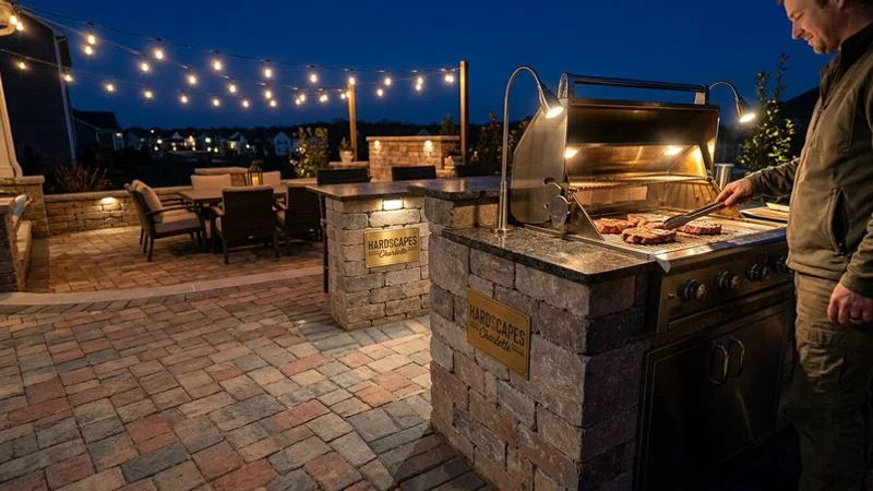 Well-lit outdoor kitchen at night with task lighting over the grill and ambient lighting illuminating the seating area